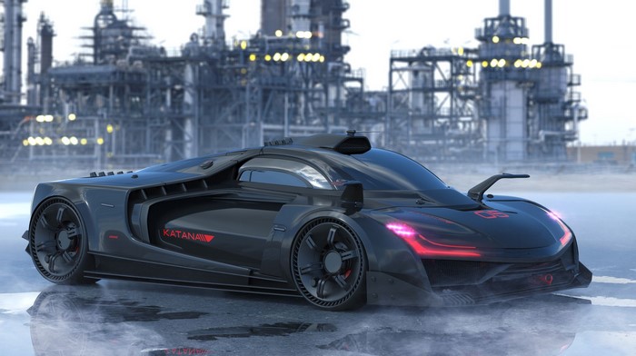Futuristic black sports car at industrial complex