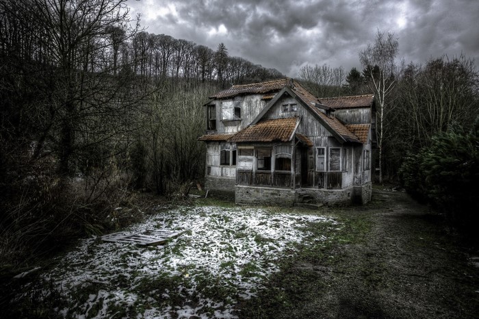 Abandoned wooden house in a dark forest