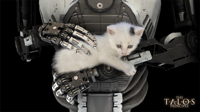 Kitten held by a robot from The Talos Principle
