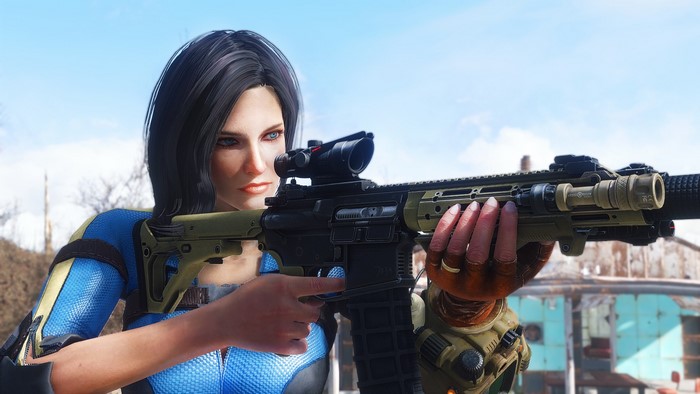 Nora from Fallout 4 holding a rifle