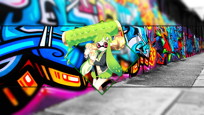 Anime girl with green hair holding a Splatoon weapon