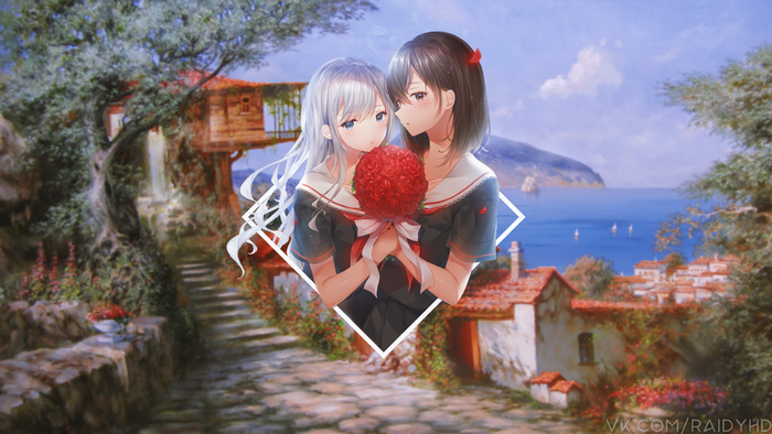 Anime girls holding a bouquet of roses