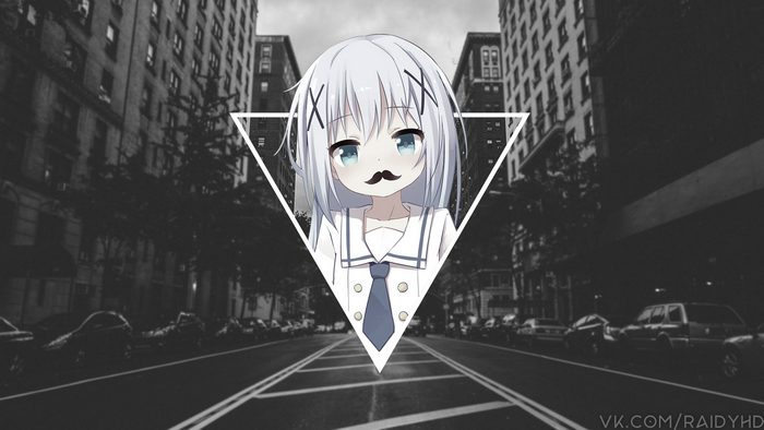 Anime girl with mustache in a city street