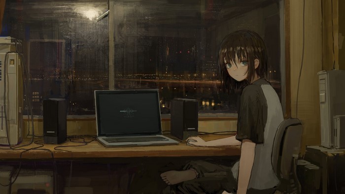 Girl with laptop by window at night