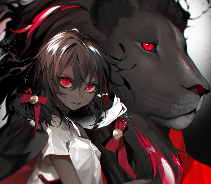 Anime girl with red eyes and a lion