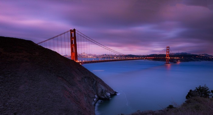 Golden Gate Bridge at dusk with San Francisco skyline