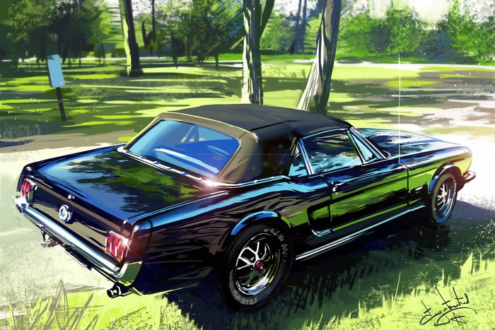 Black Ford Mustang Convertible Painting by Aleksandr Sidelnikov