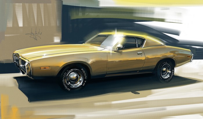 Gold 1970s Muscle Car Painting by Aleksandr Sidelnikov