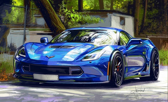 Blue Corvette C7 Stingray Painting by Aleksandr Sidelnikov