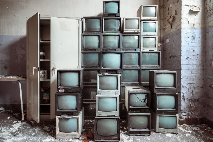 Stack of old CRT televisions in abandoned room