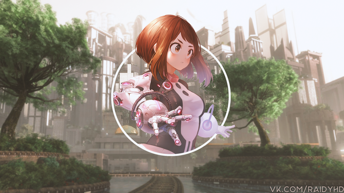Ochako Uraraka from Boku no Hero Academia in a futuristic city