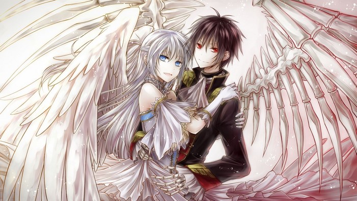Anime girl with white hair and boy with red eyes