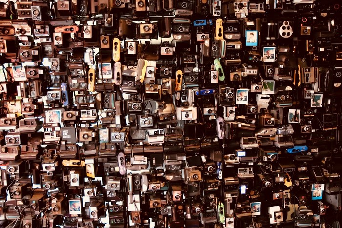 Collection of vintage cameras on a wall