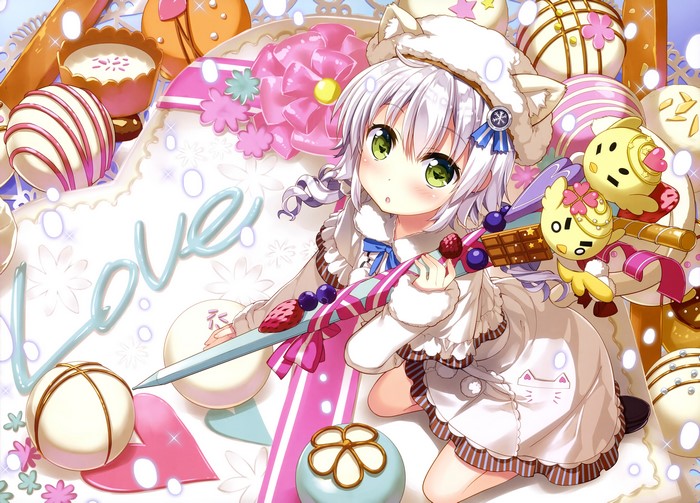 Anime girl with white hair and animal ears surrounded by sweets
