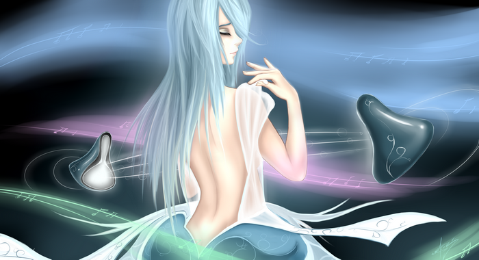 Sona from League of Legends with musical instruments