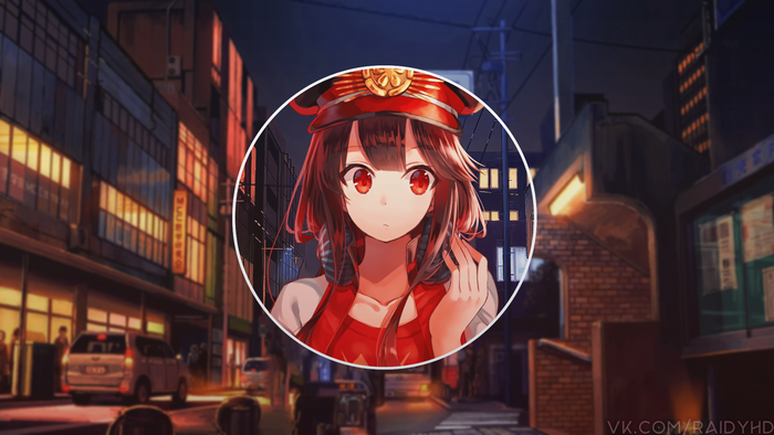 Anime girl in a red hat in a city at night