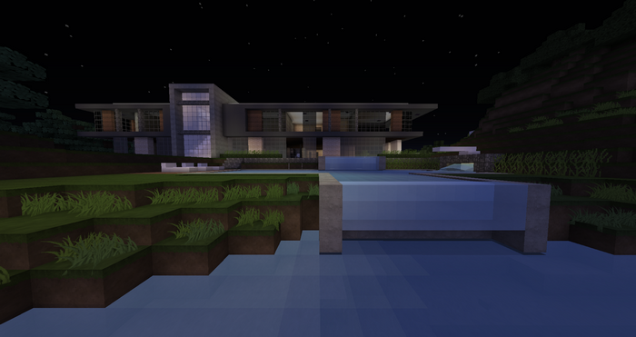 Modern Minecraft mansion with a pool at night