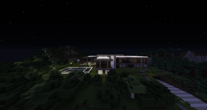Modern Minecraft mansion at night