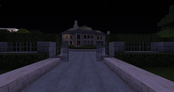 Minecraft mansion at night with driveway and hedges