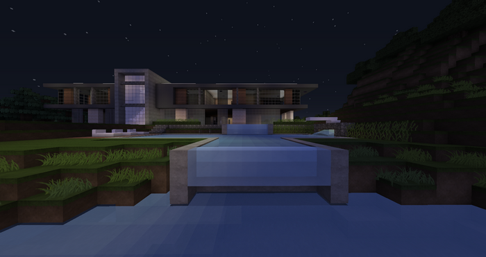 Modern Minecraft mansion with a pool at night