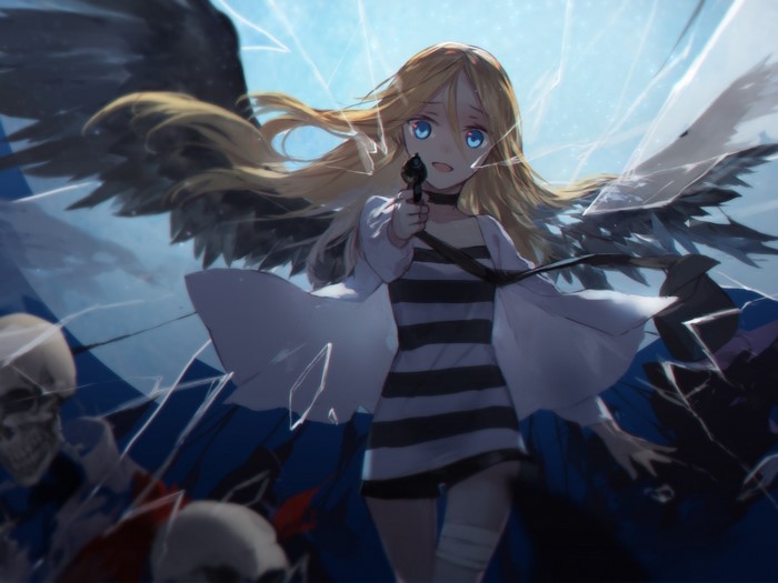 Rachel Gardner from Satsuriku no Tenshi with gun and wings