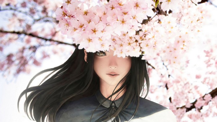 Anime girl with black hair under cherry blossoms