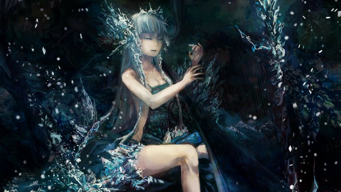 Anime girl with white hair playing a harp