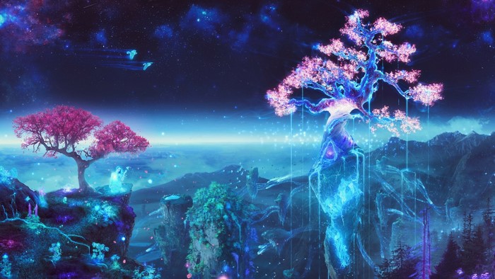 Fantasy landscape with glowing trees and starry sky