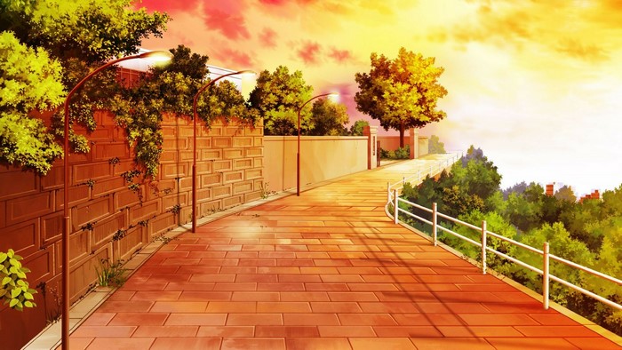 Anime artwork of a pathway with trees and a sunset sky