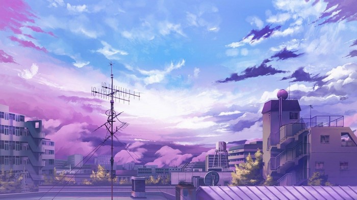 Anime cityscape with purple and blue sky and rooftops