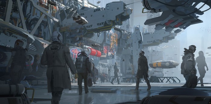 Futuristic Cityscape with Figures and Aircraft by Wadim Kashin