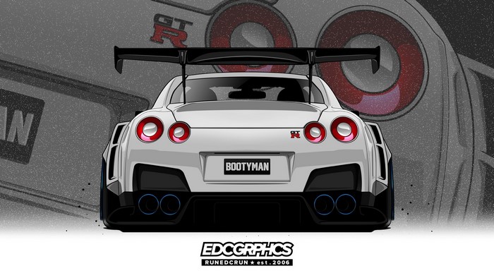 Nissan GT-R with large rear spoiler and custom license plate