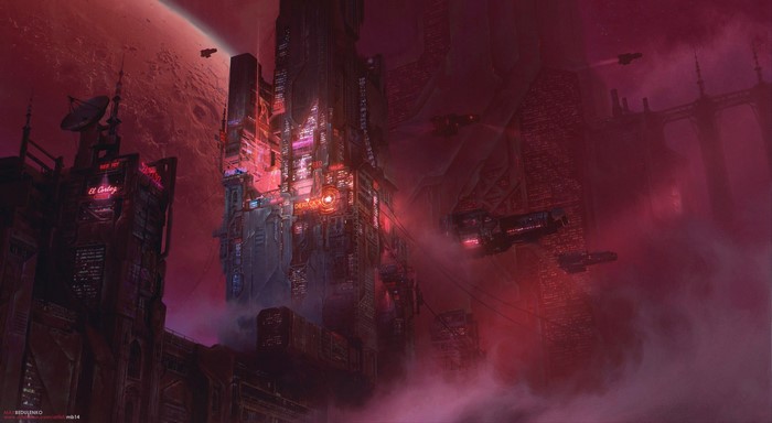 Sci-fi city on a red planet with spaceships