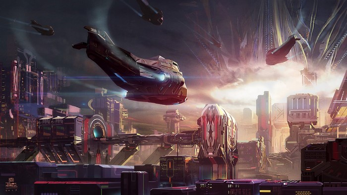 Spaceships flying over a futuristic city