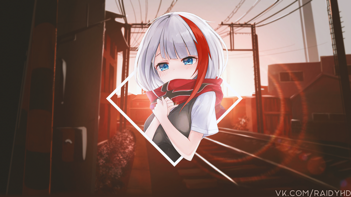 Anime girl with white and red hair and scarf