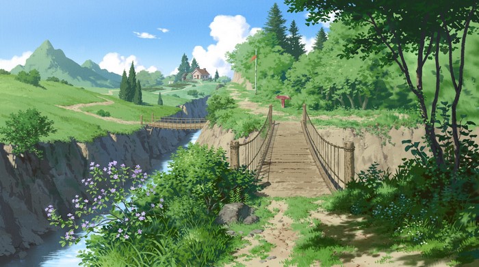 A scenic landscape with bridges over a river and a distant house