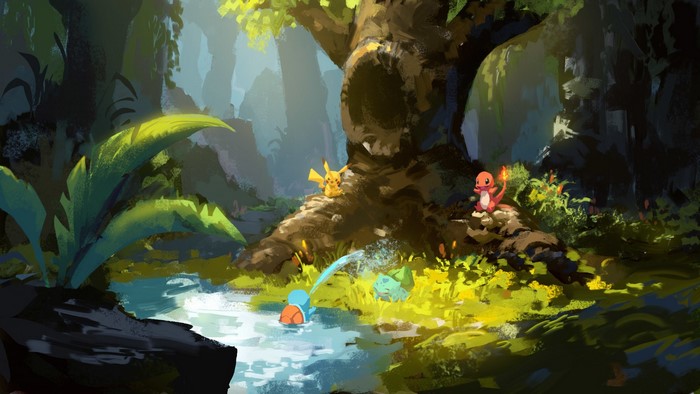 Pokémon in a Forest Stream