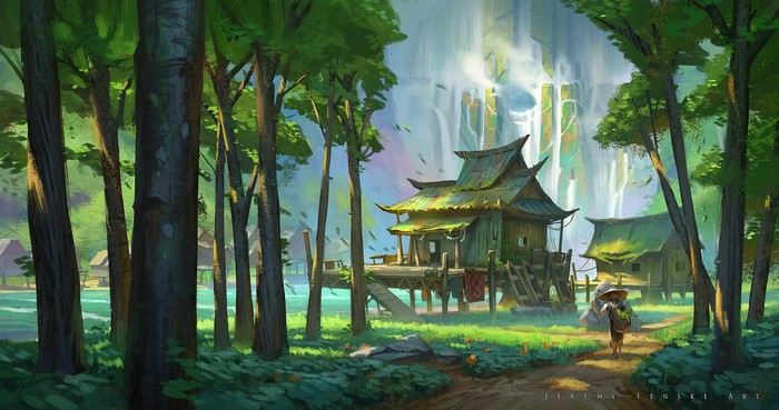 Village by a waterfall with a person walking on a path