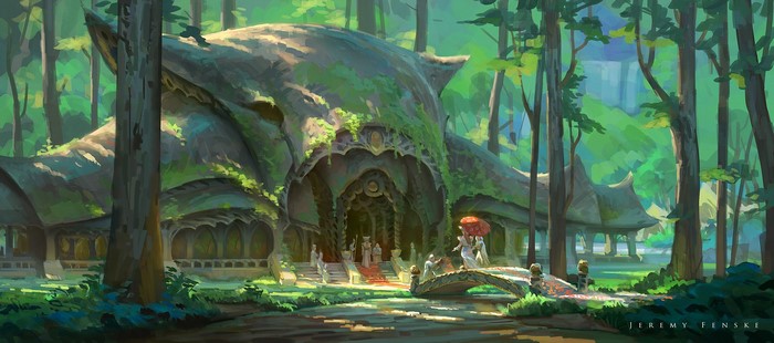 Fantasy forest building with people and bridge