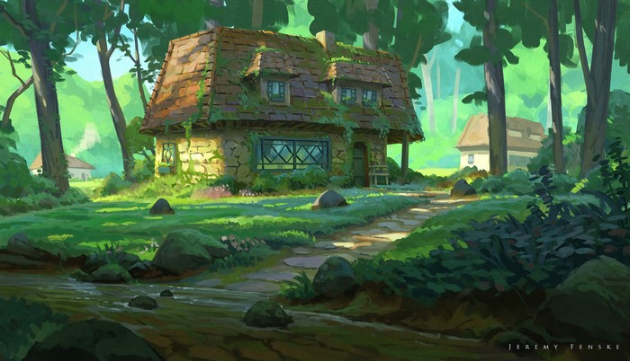 Stone cottage in a sunlit forest with a stream