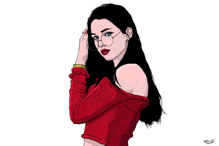 Digital art of a woman with glasses and red top