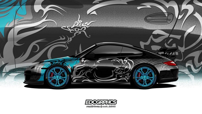 Black Porsche 997 with Cyan Graphics and Wheels