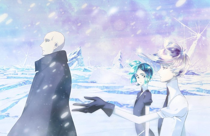 Phos and Antarcticite from Houseki no Kuni in a snowy landscape