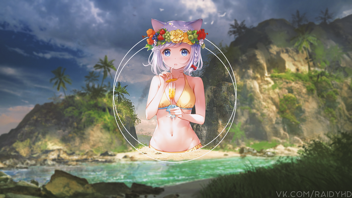 Anime girl in bikini on a tropical beach