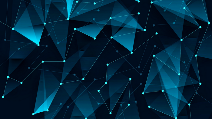 Abstract geometric network of blue polygons and dots