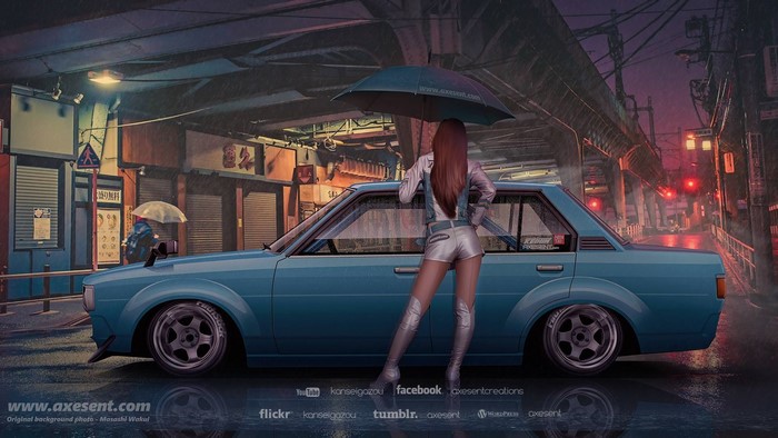 Woman with umbrella and blue Toyota Corolla in rain