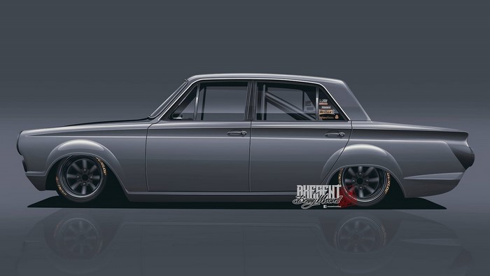 Grey Ford Cortina race car render by Axesent Creations