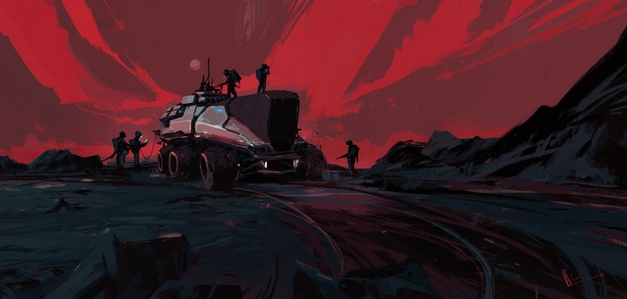 Science fiction illustration of a futuristic rover and crew on a red planet