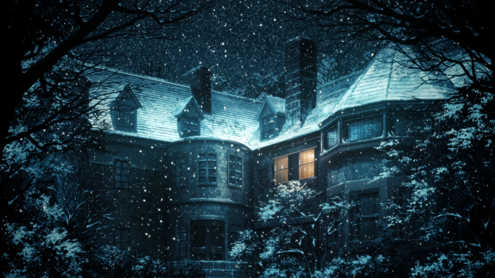 Anime artwork of a house in the snow