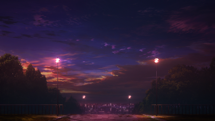 Anime cityscape at dusk with streetlights